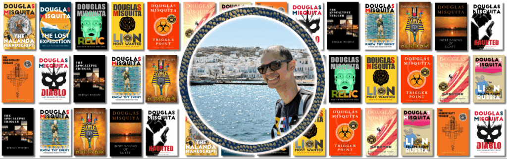 Photograph of Douglas Misquita against a backdrop of his books